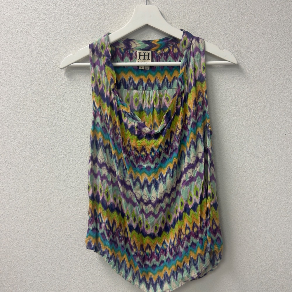 Haute Hippie Silk Tank Top Womens S Multicolor Ikat Chevron Cowl Neck Boho